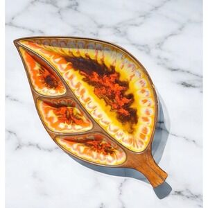 Vintage Treasure Craft Leaf Tray MCM 1960s Ash Tray Wooden Divided Dish 10x17